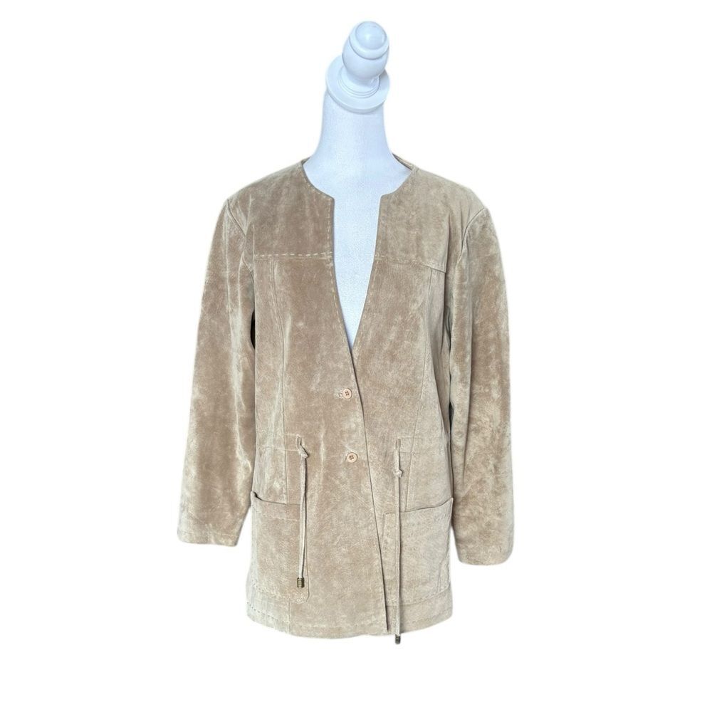 Pulp Genuine Leather Suede Jacket Button Up Tie Closure Beige Tan Womens Small